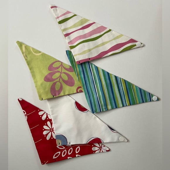 Designer Triangular Bandanas with Pom-Poms. Lined; Velcro Closures. Set of 5 - Picture 2 of 3